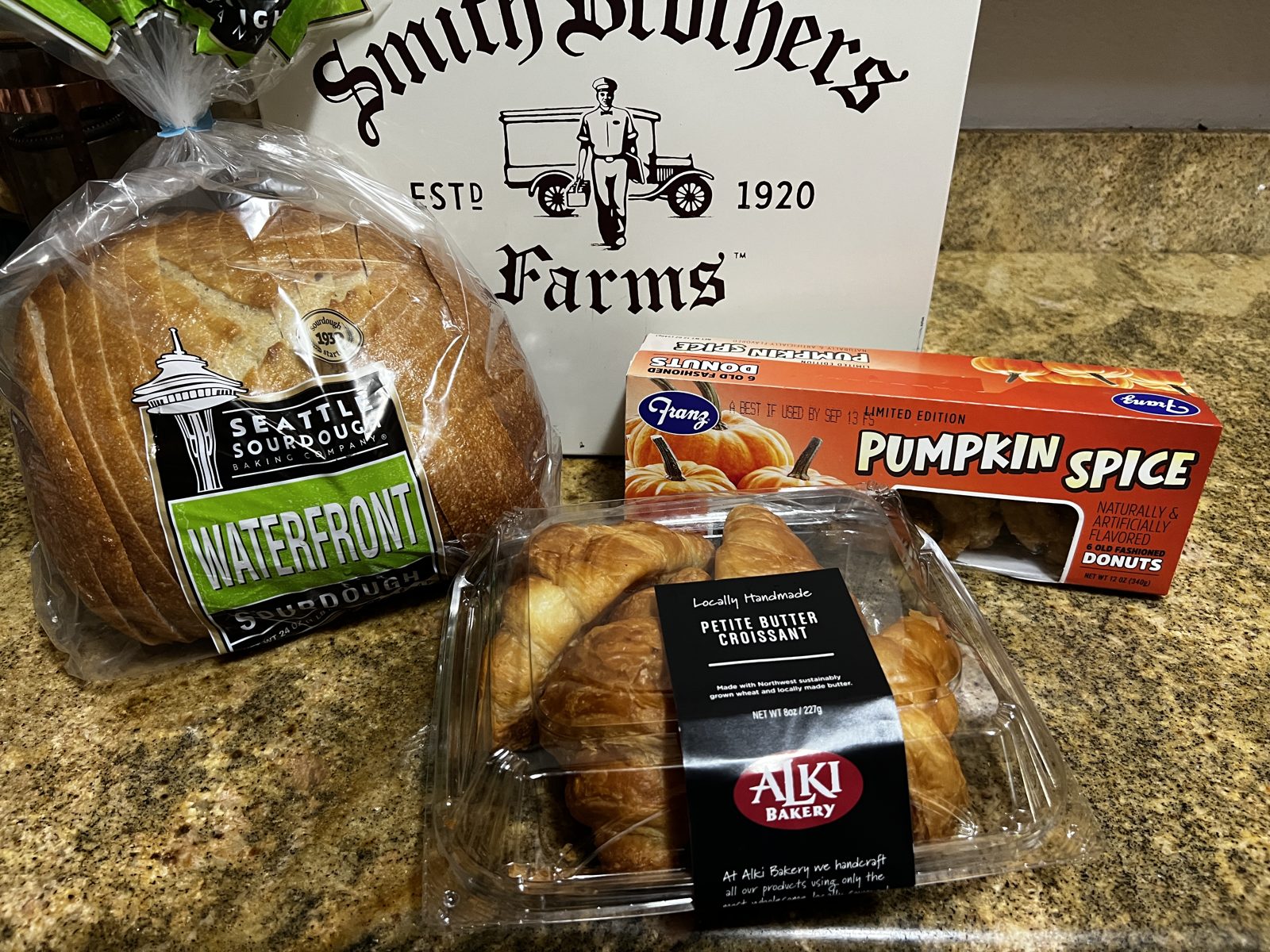 Alki Bakery croissants and sourdough bread from a Smith Brothers grocery delivery